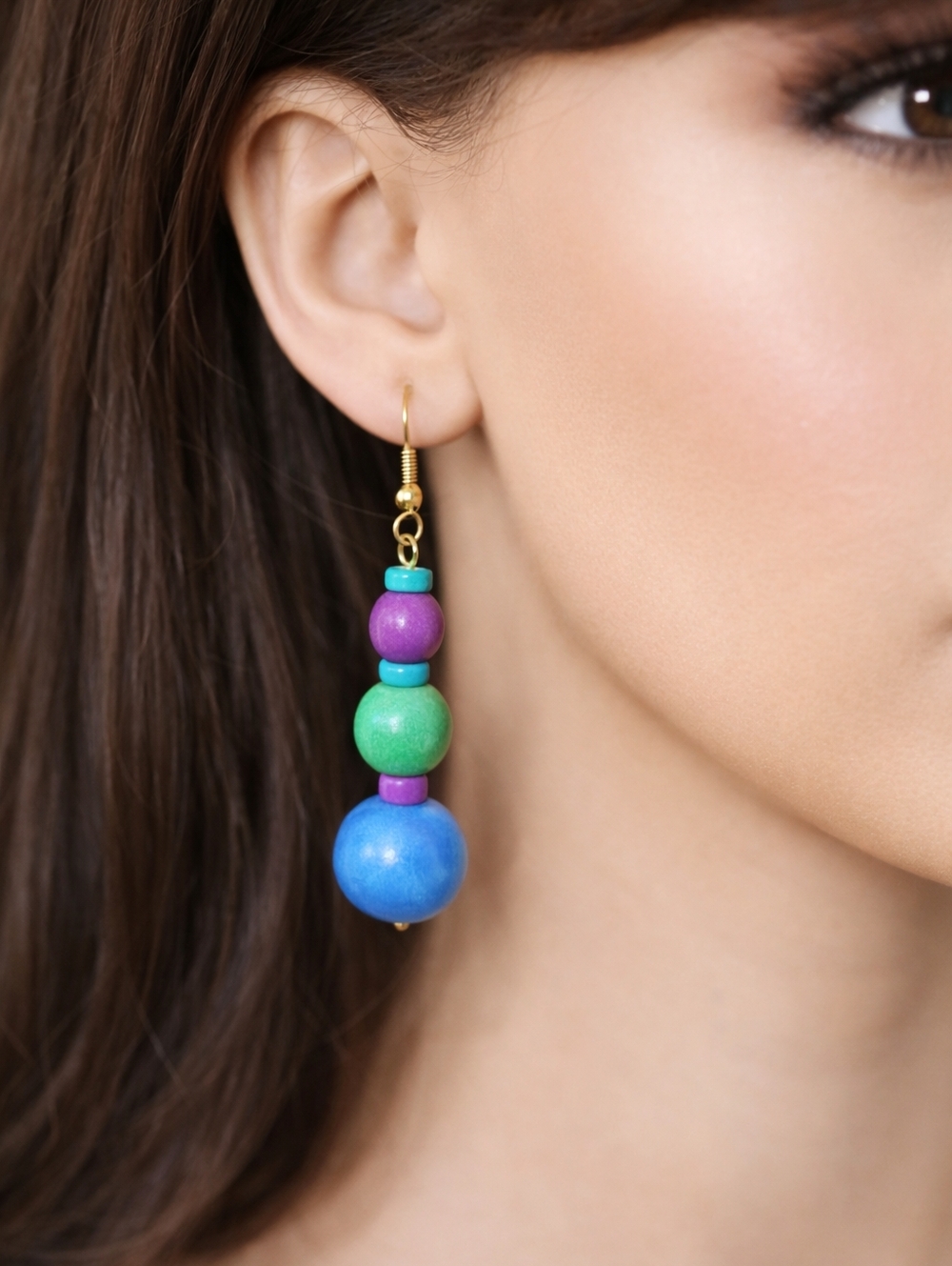 Women's  Gold Colorful Various Beads sizes Drop Earring 2.5" - Fashion Jewelry
